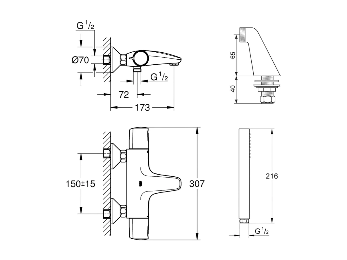 Pack mitigeur thermostatique GROHE Trend avec colonnettes + Douchette 1 jet Vitalio Get Stick + Flexible 1750 mm