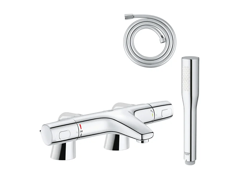 Pack mitigeur thermostatique GROHE Trend avec colonnettes + Douchette 1 jet Vitalio Get Stick + Flexible 1750 mm