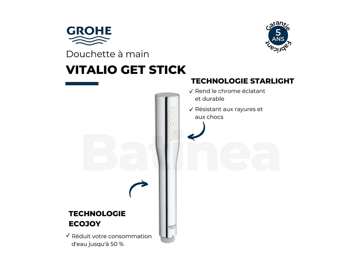 Mitigeur mécanique GROHE Start Loop avec colonnettes + Douchette 1 jet Vitalio Get Stick + Flexible 1750 mm