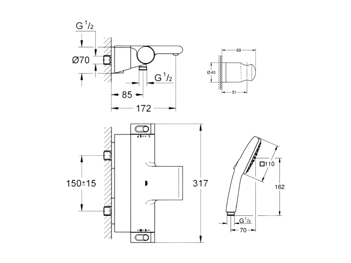 Pack mitigeur bain douche thermostatique GROHE Grohtherm 2000 + Douchette 2 jets GROHE Start 110 + Flexible1750 mm et support