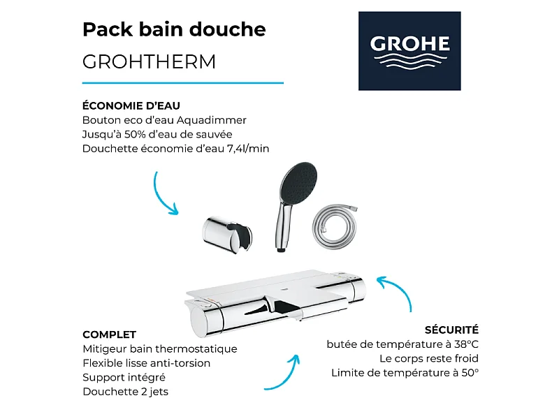 Pack mitigeur bain douche thermostatique GROHE Grohtherm 2000 + Douchette 2 jets GROHE Start 110 + Flexible1750 mm et support