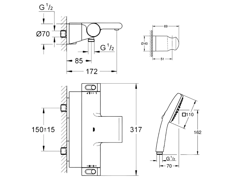 Pack mitigeur bain douche thermostatique GROHE Grohtherm 2000 + Douchette 2 jets GROHE Start 110 + Flexible1750 mm et support