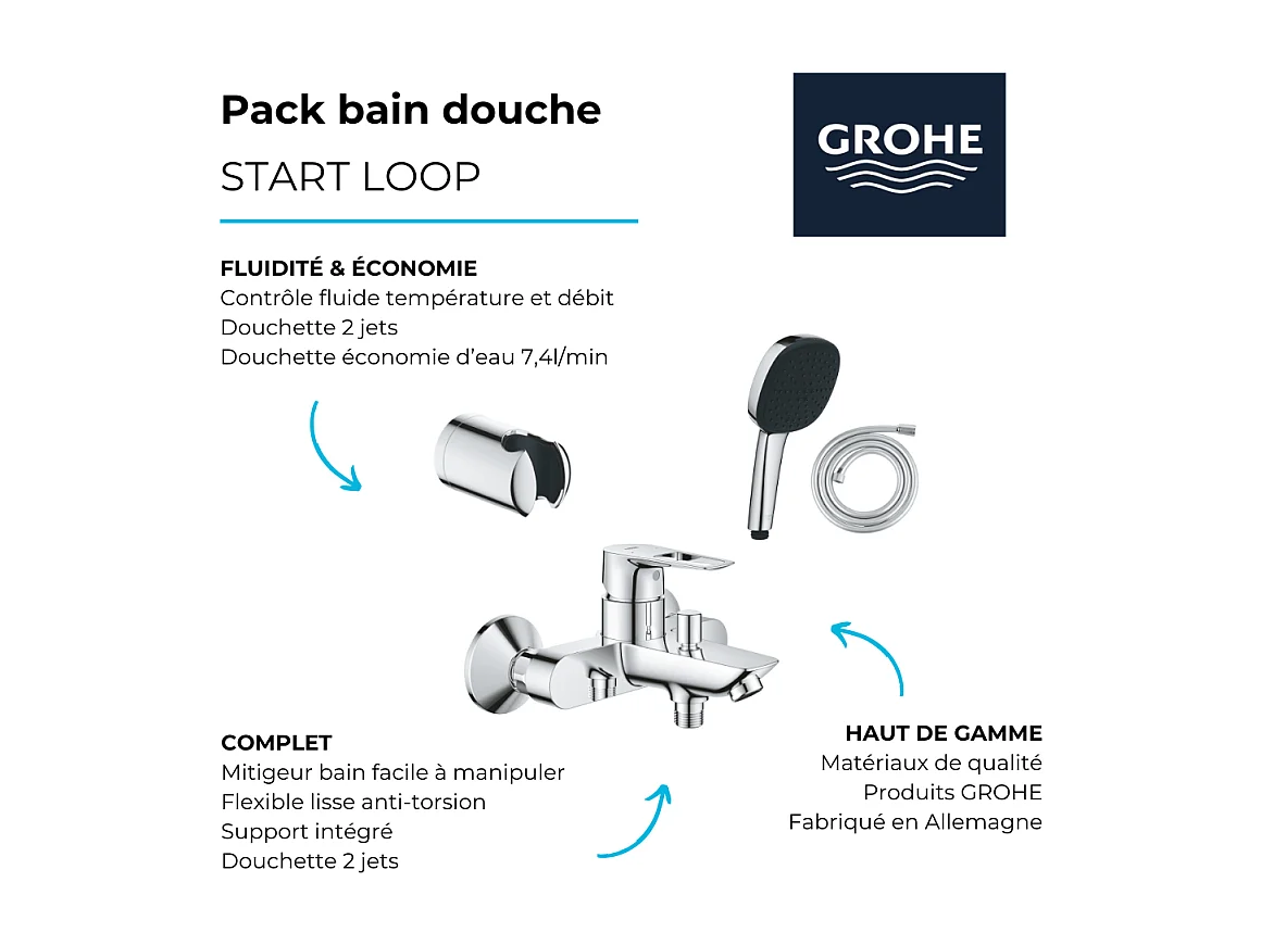 Pack mitigeur mécanique GROHE Start Loop + Douchette 2 jets GROHE Vitalio Comfort 110 + Flexible1750 mm et support