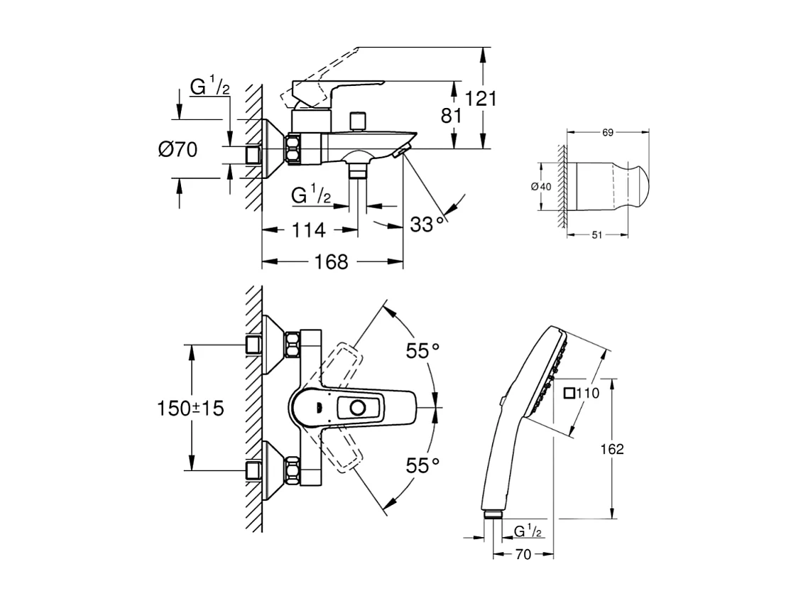 Pack mitigeur mécanique GROHE Start Loop + Douchette 2 jets GROHE Vitalio Comfort 110 + Flexible1750 mm et support