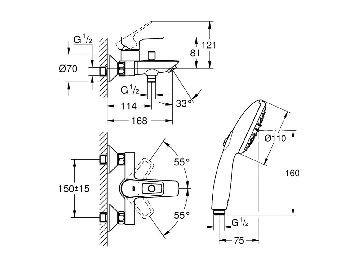 Pack mitigeur mécanique bain douche GROHE Start Loop chromé + Douchette 2 jets Vitalio Comf.110 et flexible