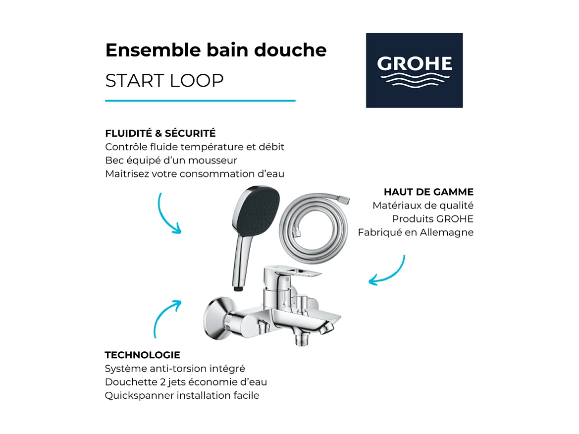 Pack mitigeur mécanique bain douche GROHE Start Loop chromé + Douchette 2 jets Vitalio Comf.110 et flexible