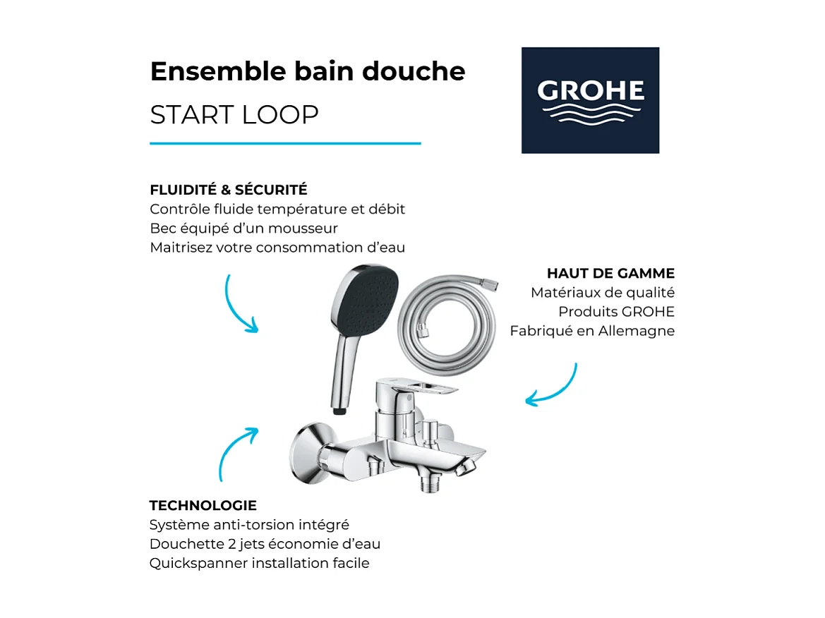 Pack mitigeur mécanique bain douche GROHE Start Loop chromé + Douchette 2 jets Vitalio Comf.110 et flexible
