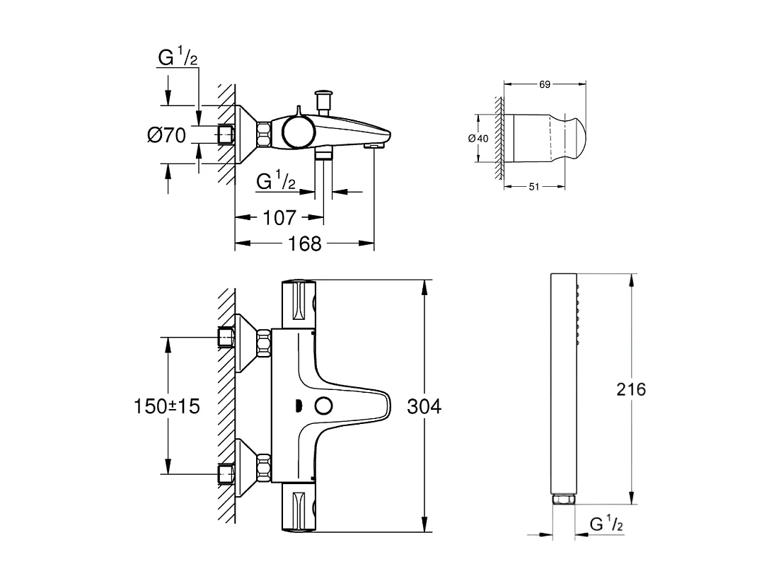 Pack mitigeur thermostatique GROHE Grohtherm 800  + Douchette Get Stick + Flexible1750 mm et support