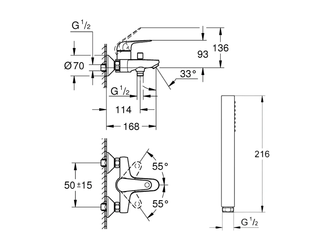Pack mitigeur bain douche  GROHE Swift + Douchette 1 jet Vitalio Get Stick + Flexible