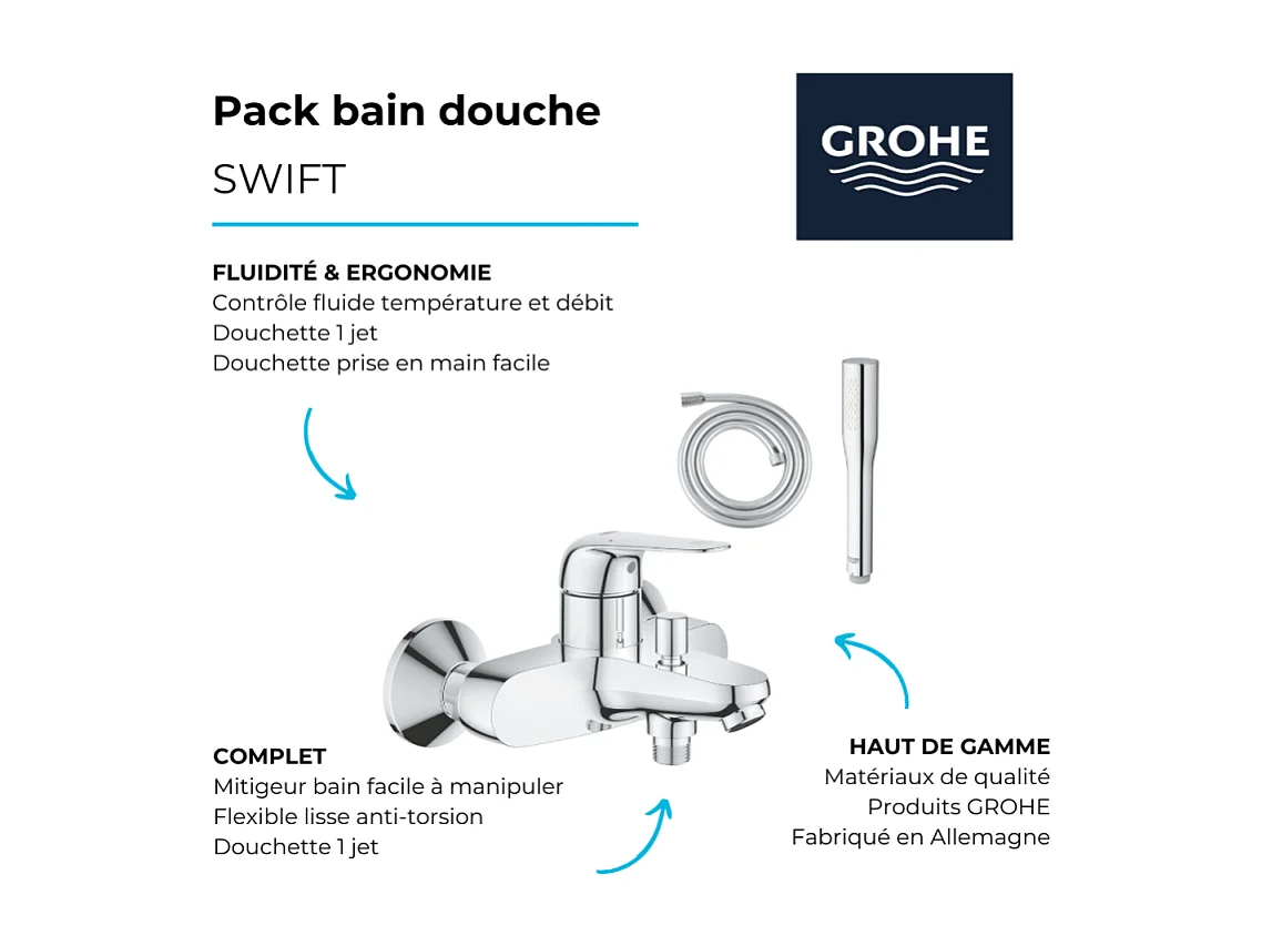 Pack mitigeur bain douche  GROHE Swift + Douchette 1 jet Vitalio Get Stick + Flexible