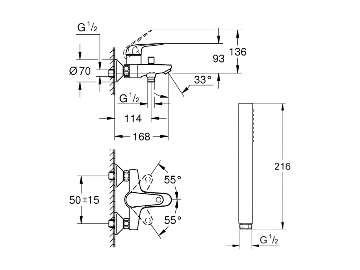 Pack mitigeur bain douche  GROHE Swift + Douchette 1 jet Vitalio Get Stick + Flexible