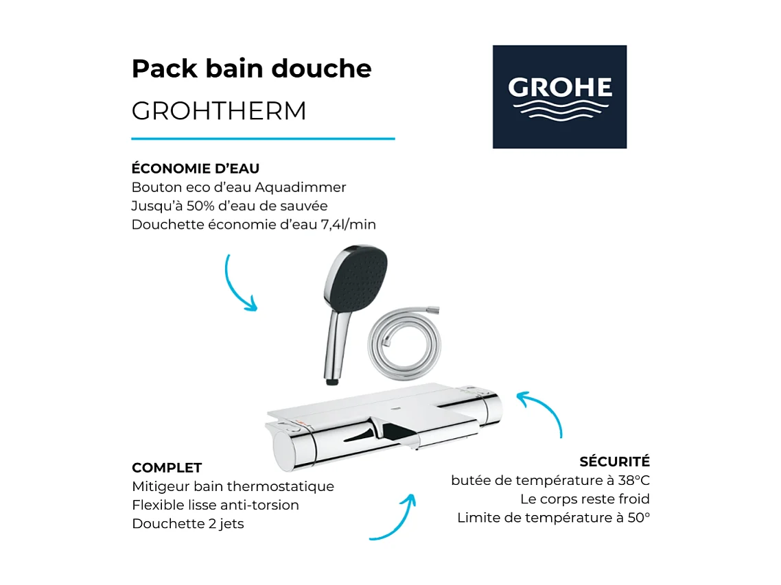 Pack mitigeur bain thermostatique GROHE Grohtherm 2000 + Douchette 2 jets Vitalio Comfort 110 + Flexible