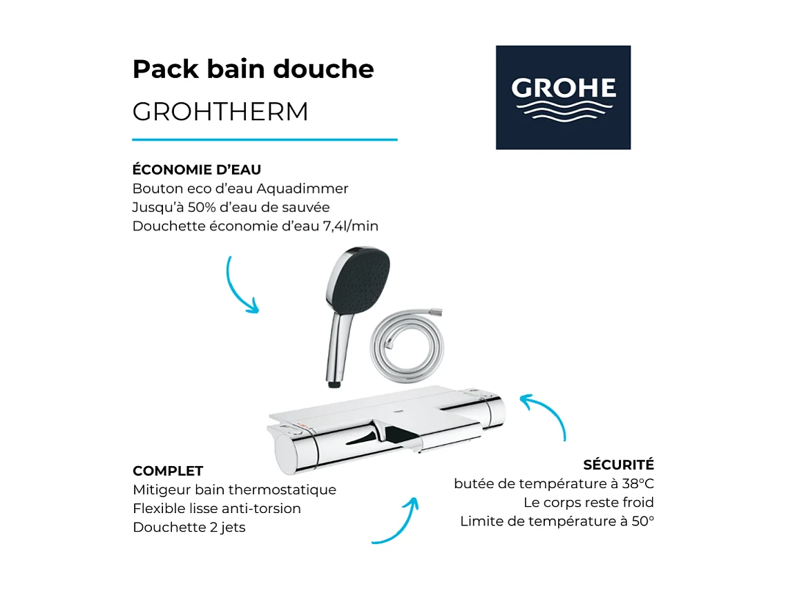 Pack mitigeur bain thermostatique GROHE Grohtherm 2000 + Douchette 2 jets Vitalio Comfort 110 + Flexible