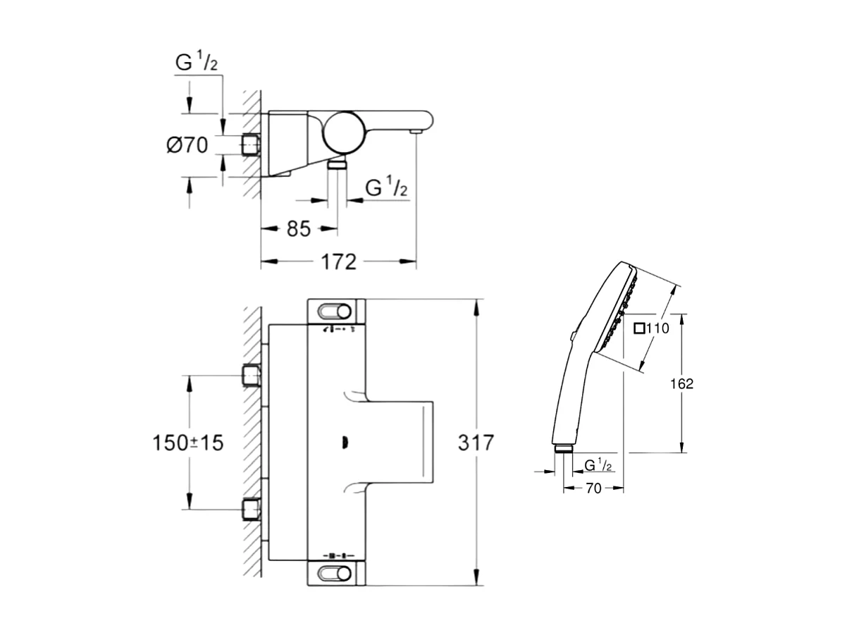 Pack mitigeur bain thermostatique GROHE Grohtherm 2000 + Douchette 2 jets Vitalio Comfort 110 + Flexible