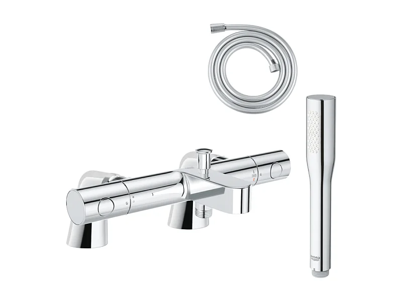 Pack mitigeur thermostatique GROHE Get avec colonnettes + Douchette 1 jet Vitalio Get Stick + Flexible 1750 mm