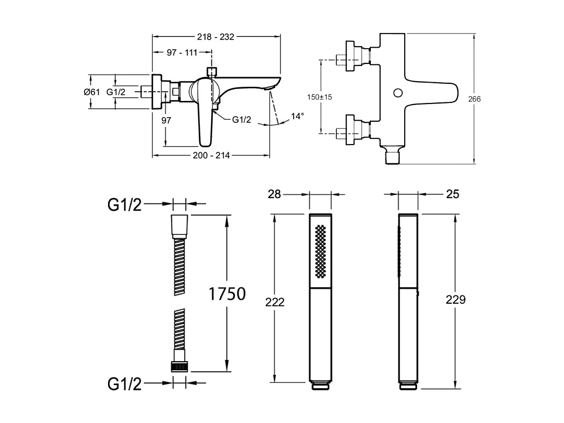 Pack mitigeur bain douche JACOB DELAFON Aléo+ + douchette Shift Ellipse + flexible à écrou 175 cm