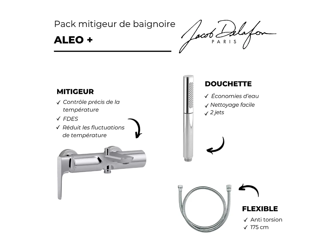 Pack mitigeur bain douche JACOB DELAFON Aléo+ + douchette Shift Ellipse + flexible à écrou 175 cm