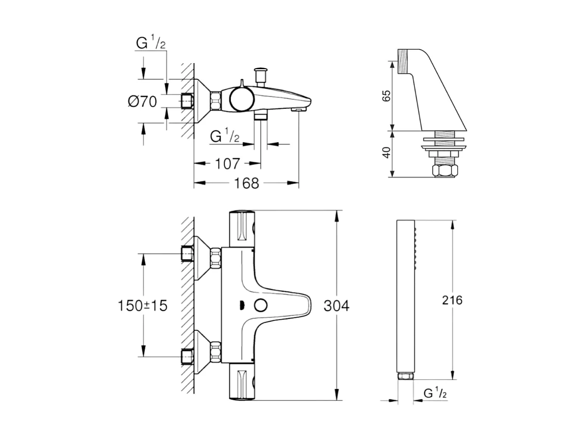Pack mitigeur thermostatique BD GROHE Trend avec colonnettes + Douchette 1 jet Vitalio Get Stick + Flexible 1750 mm