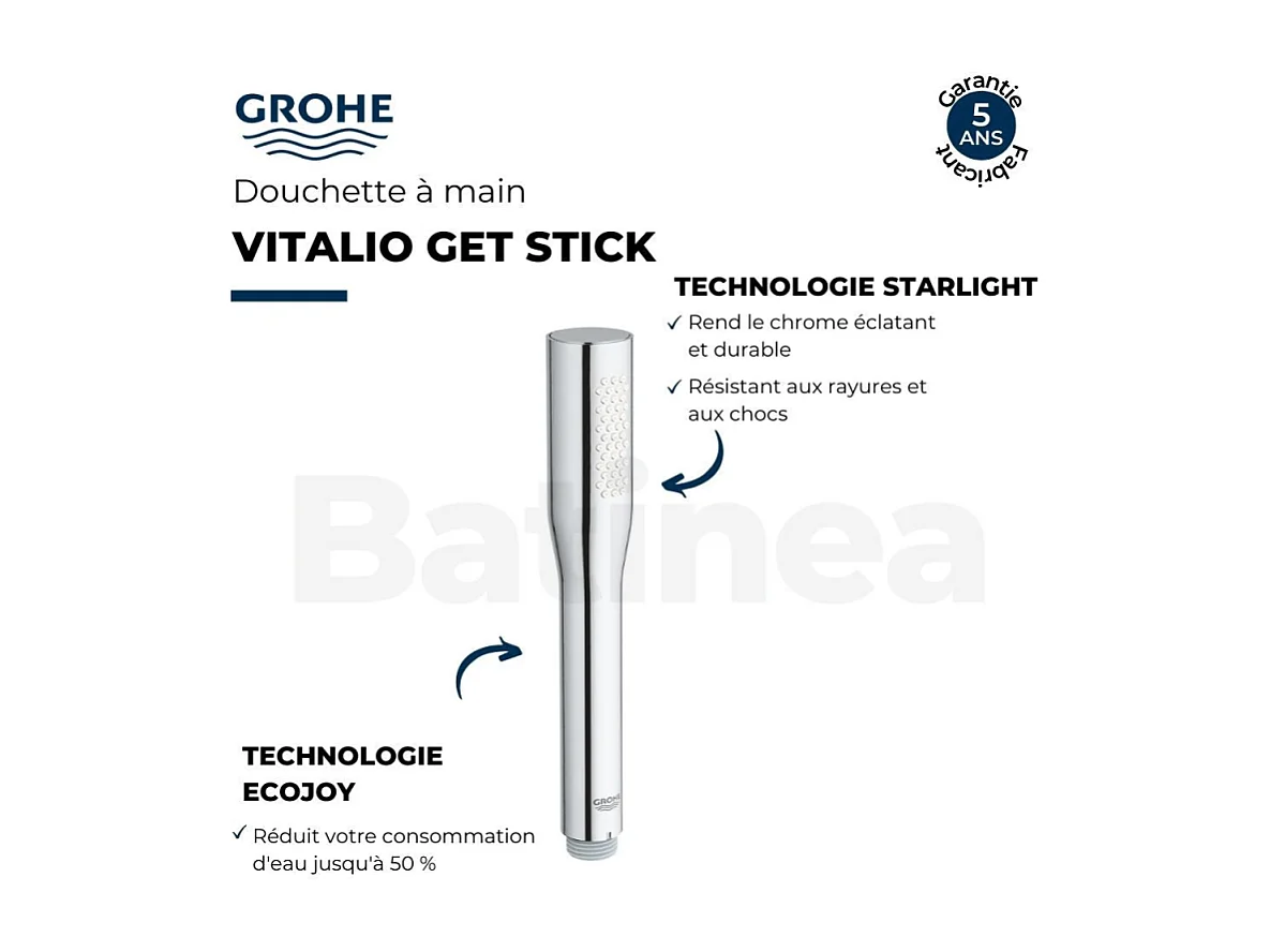 Pack mitigeur thermostatique BD GROHE Trend avec colonnettes + Douchette 1 jet Vitalio Get Stick + Flexible 1750 mm