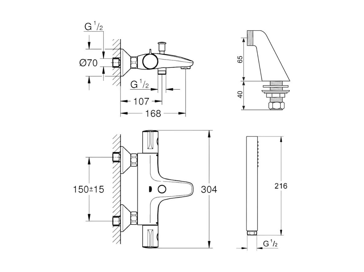 Pack mitigeur thermostatique BD GROHE Trend avec colonnettes + Douchette 1 jet Vitalio Get Stick + Flexible 1750 mm