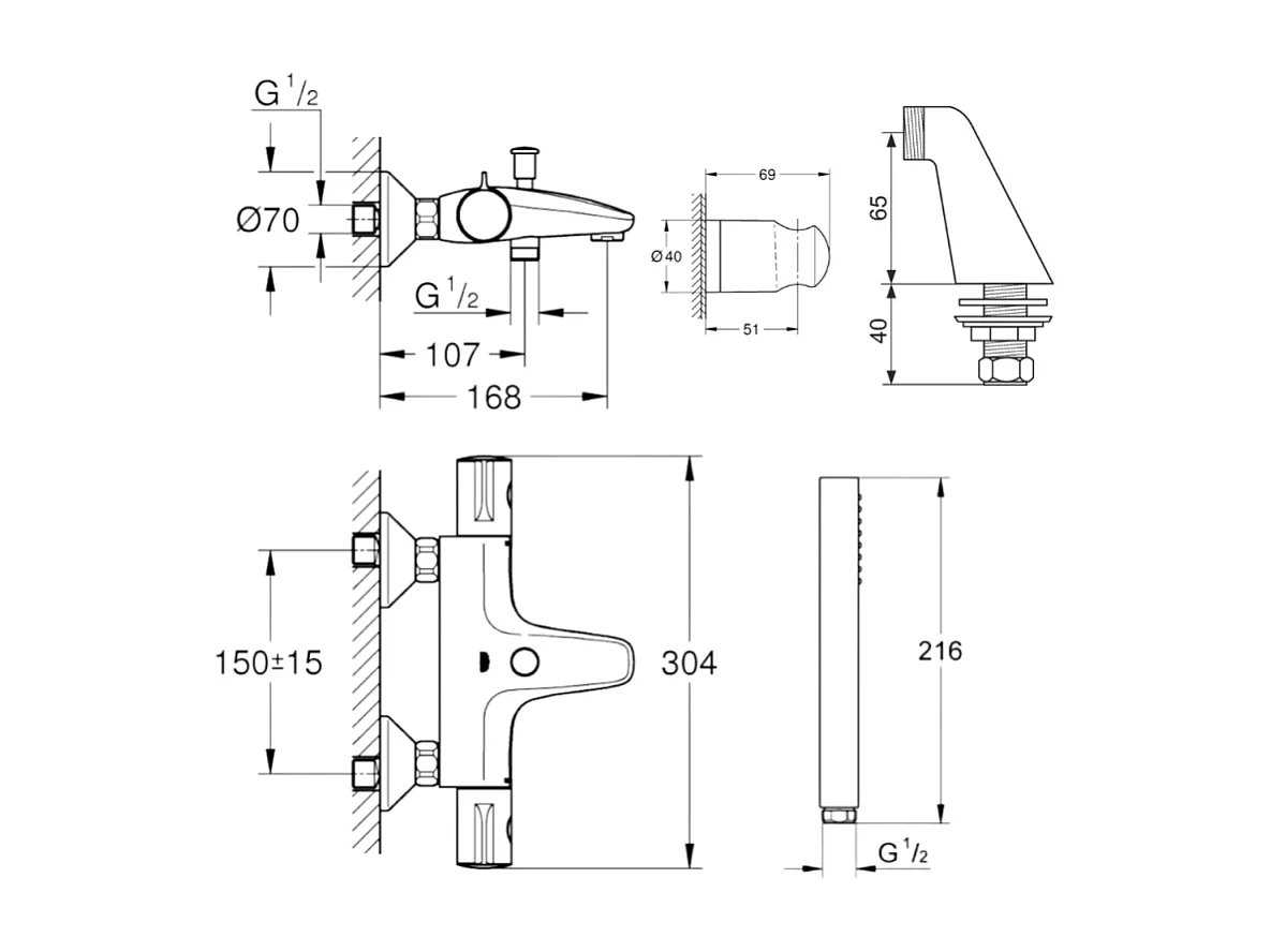 Pack mitigeur thermostatique BD GROHE Trend avec colonnettes + Douchette 1 jet Vitalio Get Stick + Flexible 1750 mm