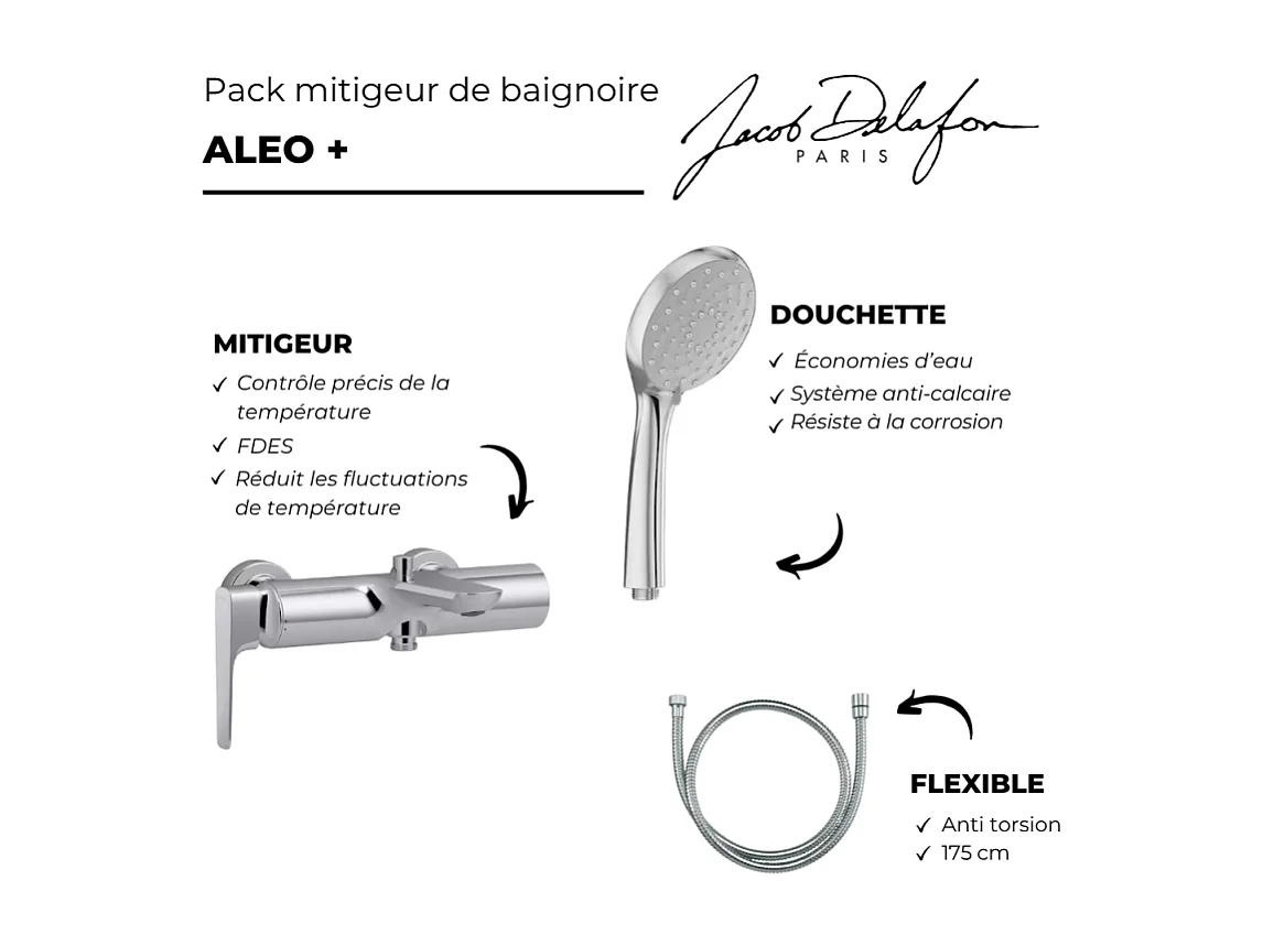 Pack mitigeur bain douche JACOB DELAFON Aléo+ + douchette Awaken + flexible à écrou 175 cm