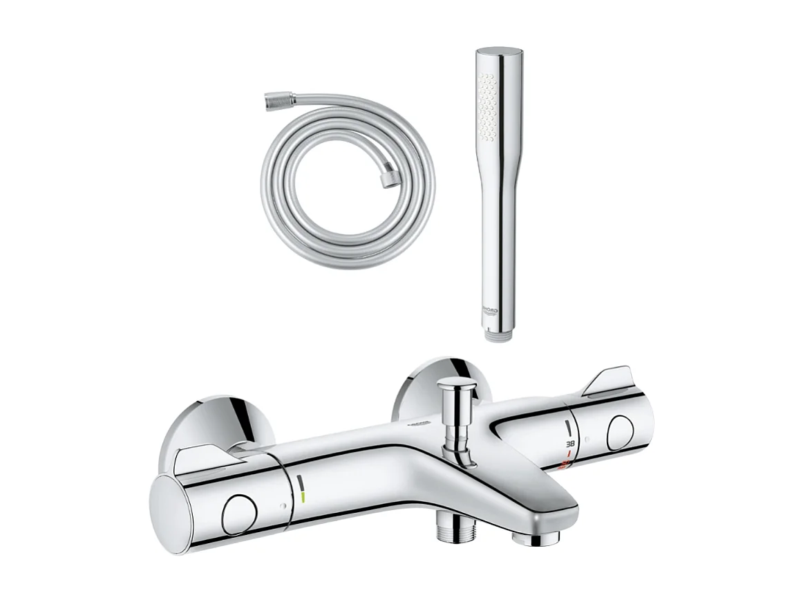 Pack mitigeur bain thermostatique GROHE Grohtherm 800 + Douchette 1 jet Vitalio Get Stick + Flexible