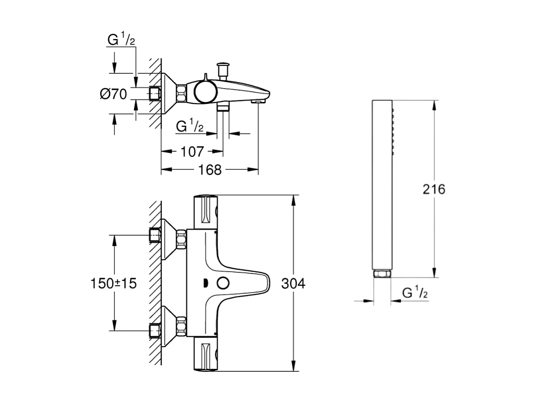 Pack mitigeur bain thermostatique GROHE Grohtherm 800 + Douchette 1 jet Vitalio Get Stick + Flexible