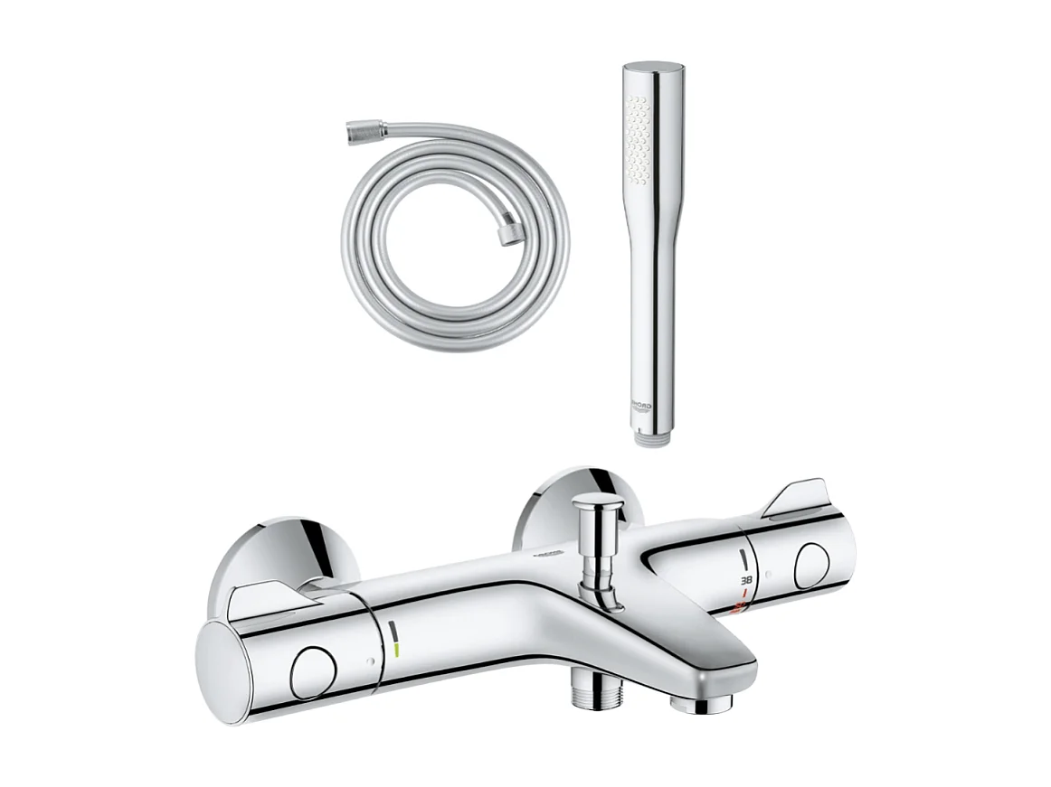 Pack mitigeur bain thermostatique GROHE Grohtherm 800 + Douchette 1 jet Vitalio Get Stick + Flexible