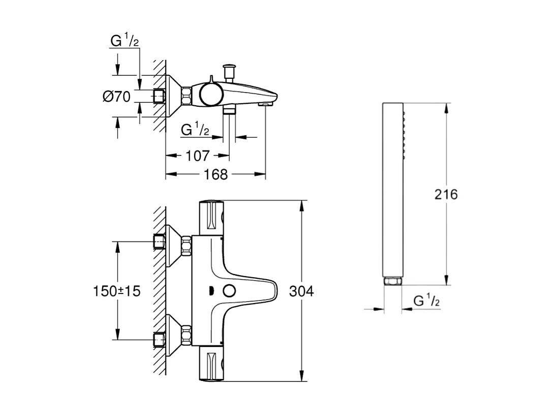 Pack mitigeur bain thermostatique GROHE Grohtherm 800 + Douchette 1 jet Vitalio Get Stick + Flexible