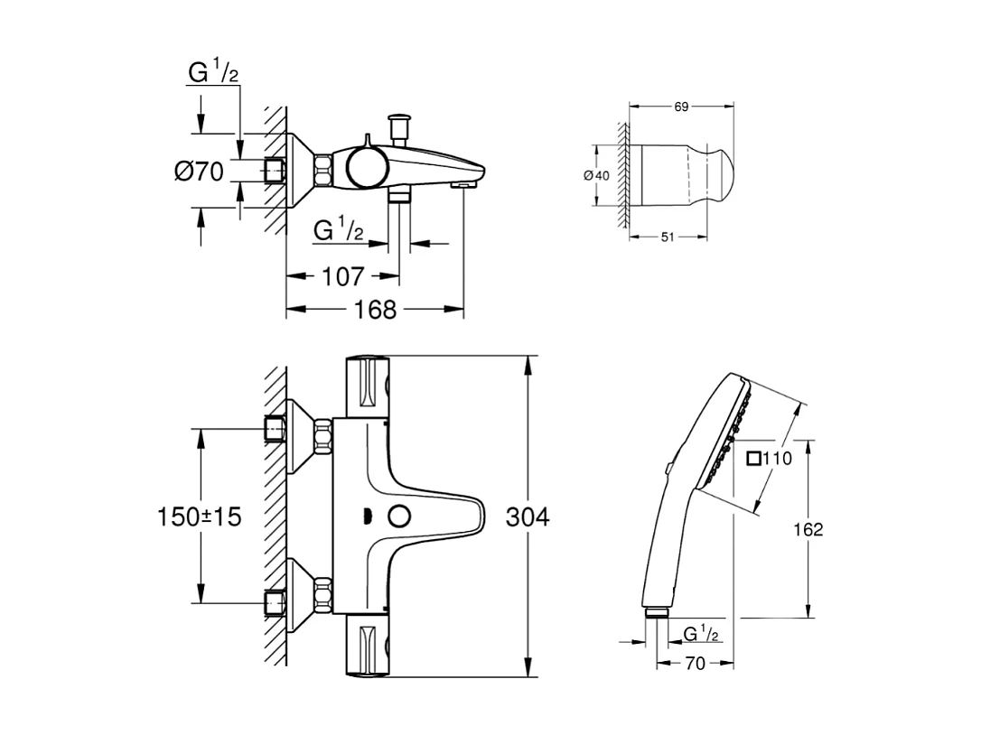 Pack mitigeur thermostatique GROHE Grotherm 800 + Douchette 2 jets GROHE Vitalio Comfort 110 + Flexible1750 mm et support