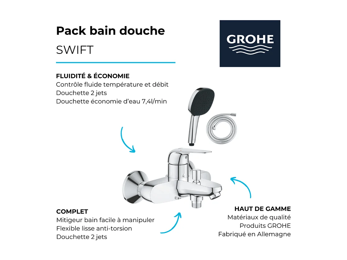 Pack mitigeur bain douche GROHE Swift + Douchette 2 jets Vitalio Comfort 110 + Flexible