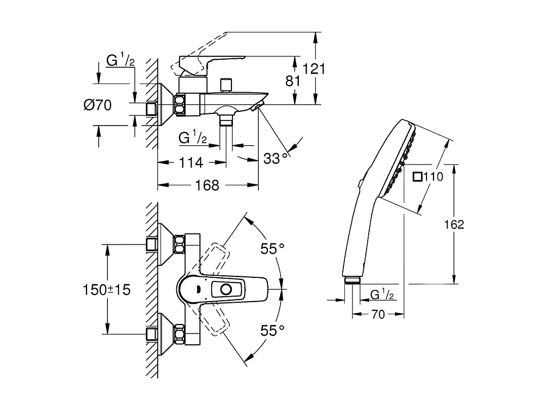 Pack mitigeur bain douche GROHE Swift + Douchette 2 jets Vitalio Comfort 110 + Flexible