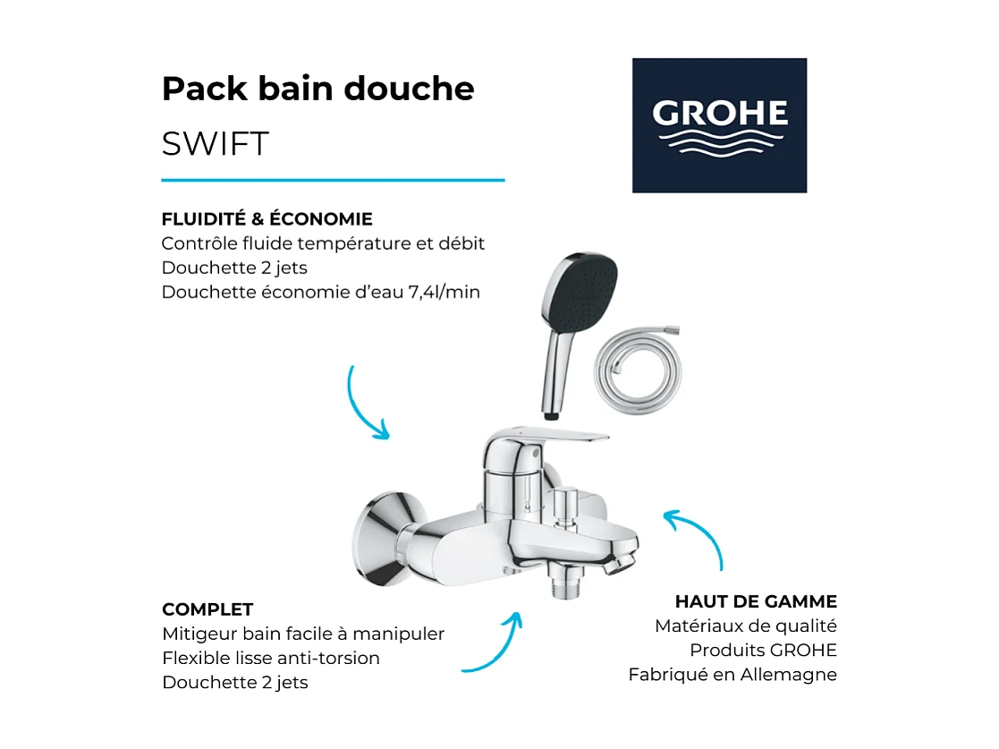 Pack mitigeur bain douche GROHE Swift + Douchette 2 jets Vitalio Comfort 110 + Flexible