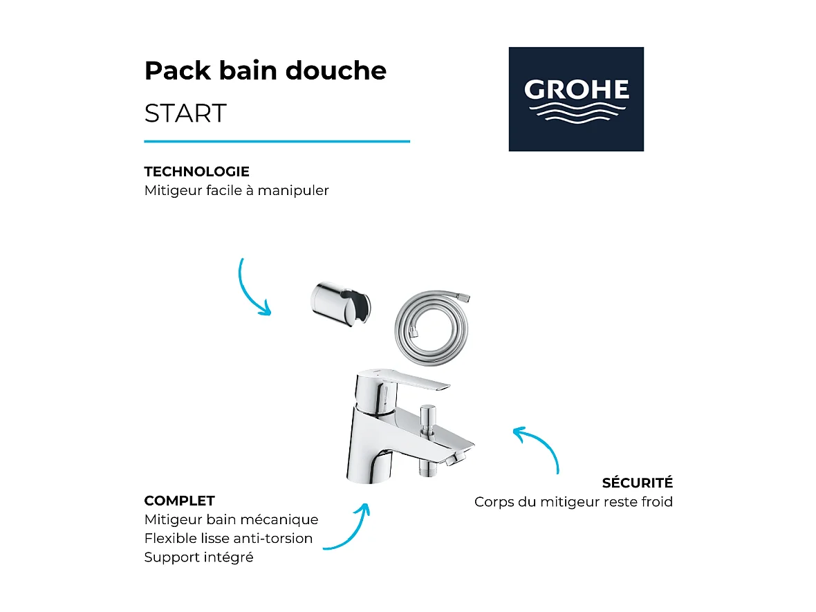 Pack mitigeur mécanique bain douche GROHE Start + Flexible douche VitalioFlex Comfort 1750 + Support mural