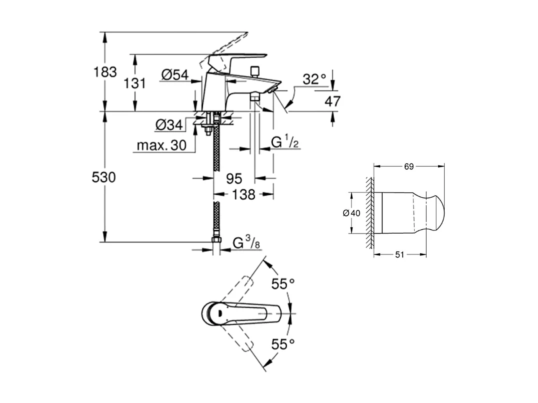 Pack mitigeur mécanique bain douche GROHE Start + Flexible douche VitalioFlex Comfort 1750 + Support mural
