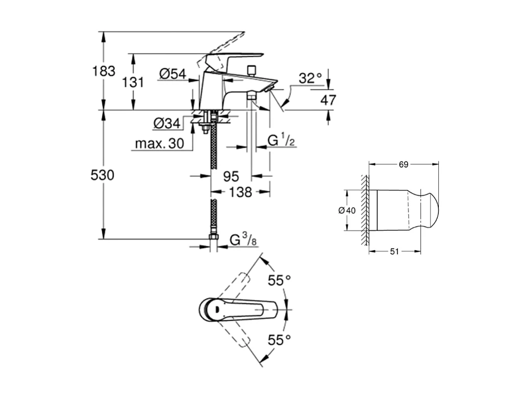 Pack mitigeur mécanique bain douche GROHE Start + Flexible douche VitalioFlex Comfort 1750 + Support mural