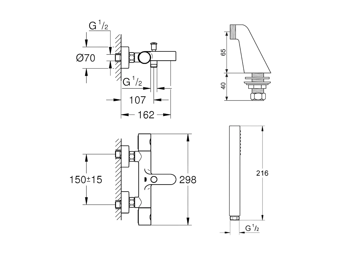 Pack mitigeur thermostatique GROHE Grohtherm 800 avec colonnettes + Douchette 1 jet Vitalio Get Stick + Flexible 1750 mm