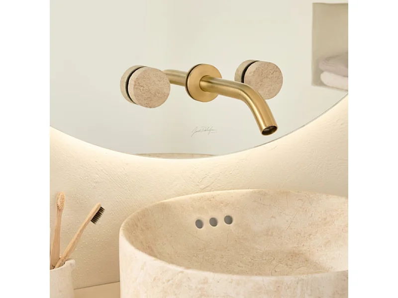 Pack mélangeur lavabo encastré 3 trous JACOB DELAFON Grands Boulevards marbré travertin sable et laiton brossé