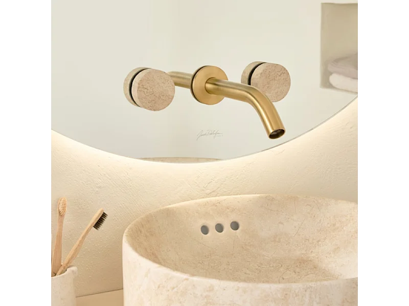 Pack mélangeur lavabo encastré 3 trous JACOB DELAFON Grands Boulevards marbré travertin sable et laiton brossé