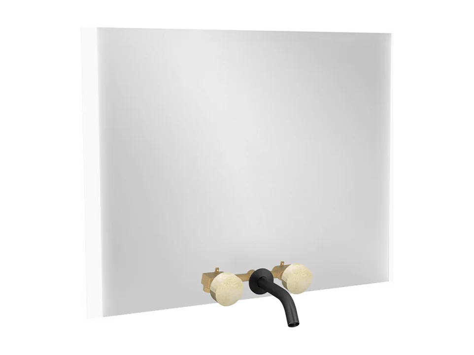 Miroir 3 trous 100 cm + mélangeur lavabo encastré 3 trous JACOB DELAFON Grands Boulevards marbré travertin sable et noir