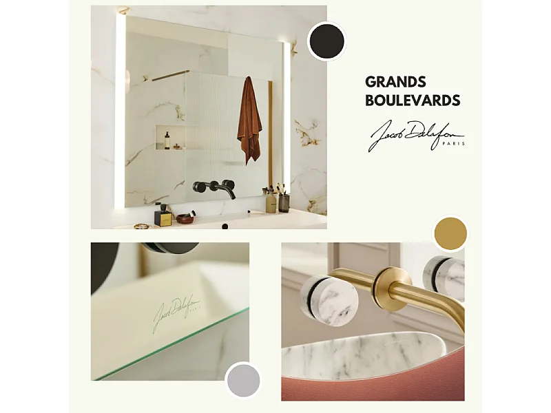 Miroir 3 trous 100 cm + mélangeur lavabo encastré 3 trous JACOB DELAFON Grands Boulevards marbré travertin sable et noir