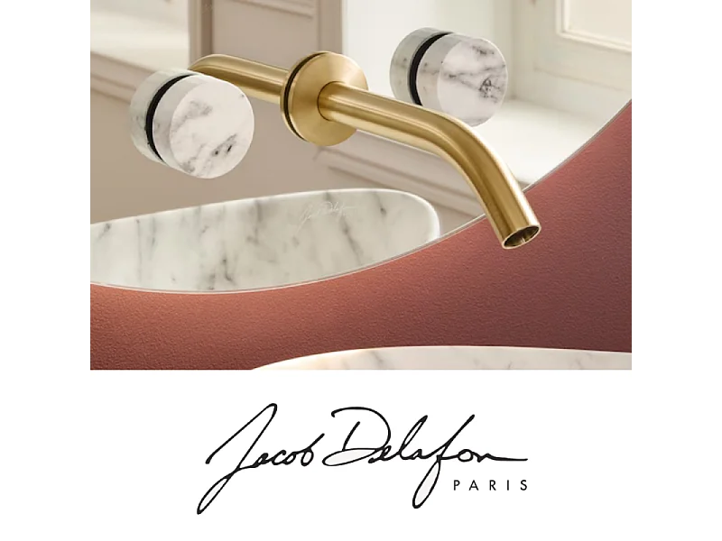 Miroir LED ovale 3 trous + mélangeur lavabo encastré 3 trous JACOB DELAFON Grands Boulevards marbre envoûtant et laiton brossé