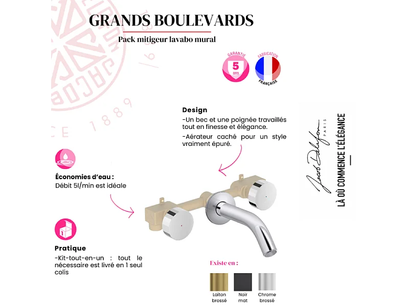 Pack mélangeur lavabo encastré 3 trous JACOB DELAFON Grands Boulevards marbre sculptural et chromé