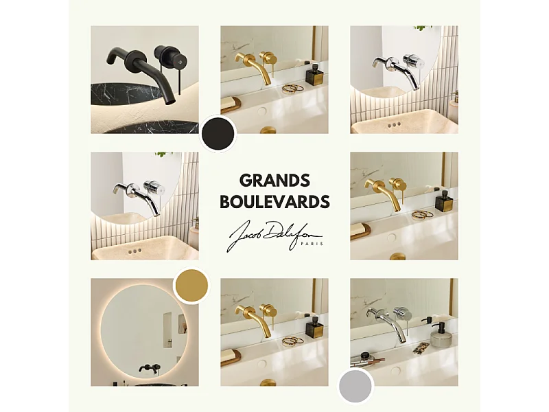 Miroir LED rond 2 trous + mitigeur lavabo encastré JACOB DELAFON Grands Boulevards Laiton brossé + corps encastré