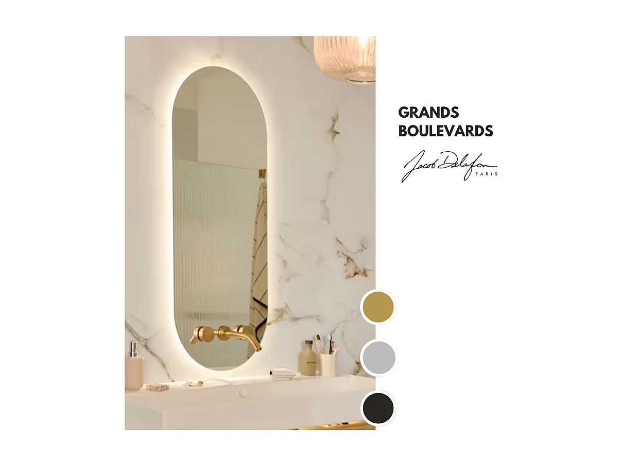 Miroir LED ovale 3 trous + mélangeur lavabo encastré 3 trous JACOB DELAFON Grands Boulevards douceur minérale et noir