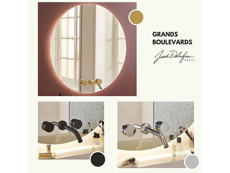 Miroir LED rond 3 trous + mitigeur lavabo encastré 3 trous JACOB DELAFON Grands Boulevards noir mat