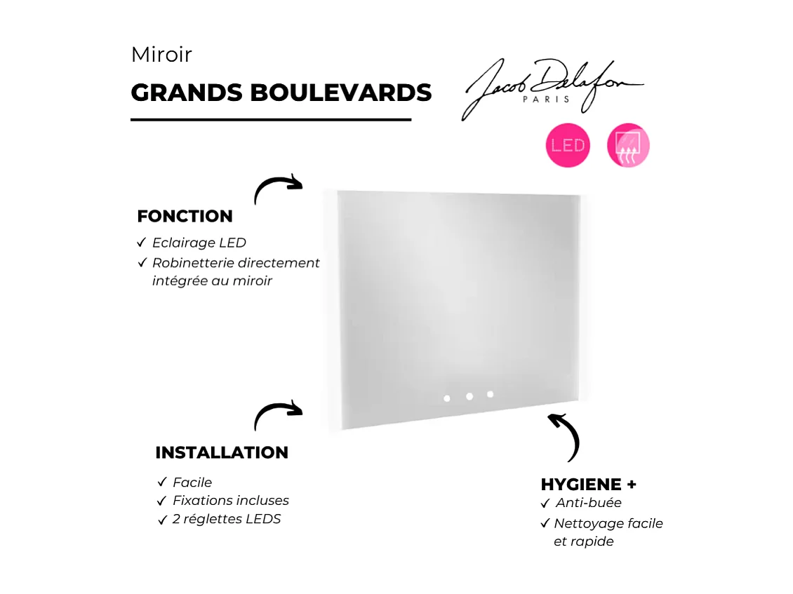Miroir 3 trous 60 cm + mélangeur lavabo encastré 3 trous JACOB DELAFON Grands Boulevards douceur minérale et noir