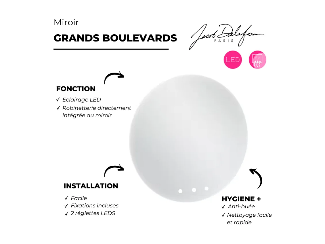 Miroir LED rond 3 trous + mélangeur lavabo encastré 3 trous JACOB DELAFON Grands Boulevards marbré orage et noir