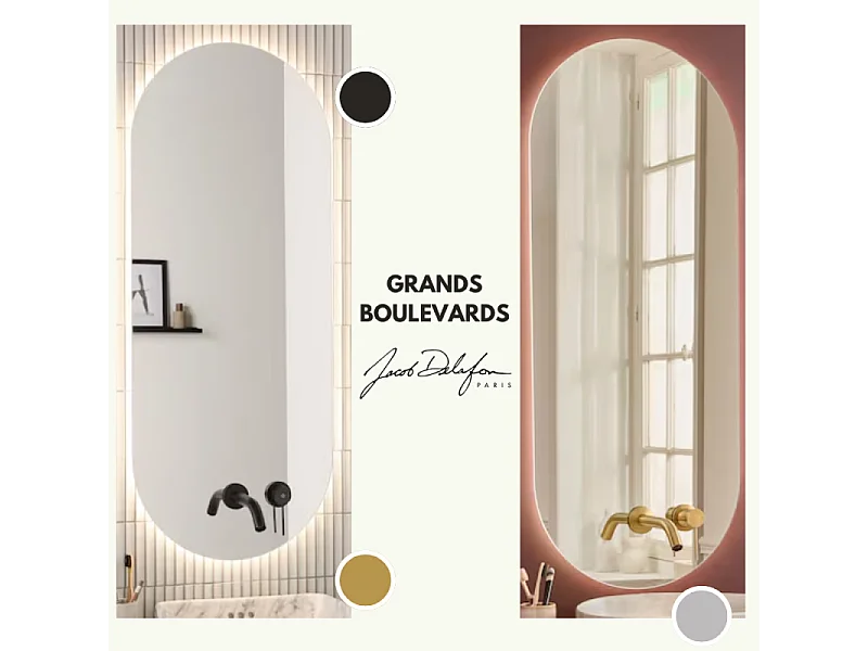 Miroir LED ovale 2 trous + mitigeur lavabo encastré JACOB DELAFON Grands Boulevards Chromé + corps encastré